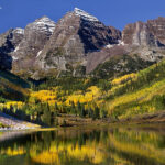 Field of Yellow Aspen and the Maroon Bells reflected in Maroon Lake | mountains, fall, autumn, Colorado | photography, images, and art for hotels, office buildings, homes, restaurants, hospitals, and shopping malls