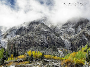 Snowy mountain with fall trees | photography, images, and art for hotels, office buildings, homes, restaurants, hospitals, and shopping malls